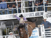 ABILENE VICTORS August 6, 2022 Wild Bill Hickok Rodeo Hardy Braden on P5 Capone; Hardy Braden, Welch, Okla., is the saddle bronc riding champion at the 2022 Abilene Rodeo. Photo by Fly Thomas.