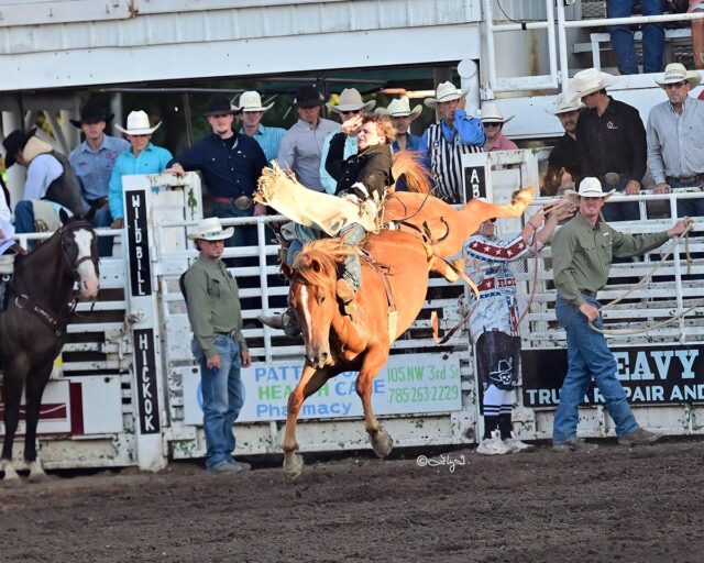 Brookville’s Rhett Robbins won the bareback riding at the Wild Bill Hickok Rodeo in Abilene. The 21-year-old has competed in Abilene the past three years. Photo courtesy Fly Thomas. Brookville’s Rhett Robbins won the bareback riding at the Wild Bill Hickok Rodeo in Abilene. The 21-year-old has competed in Abilene the past three years. Photo courtesy Fly Thomas.